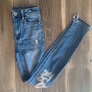 👖♥️American Eagle Blue Distressed Super Hi-Rise Jegging Like New Size 00